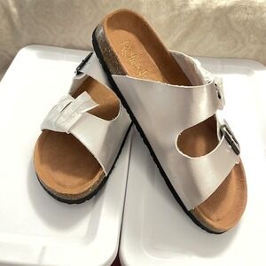 Refresh Sandals Womens Size 10 Silver Two Strap Buckle Slide Cork Footbed LEO-03